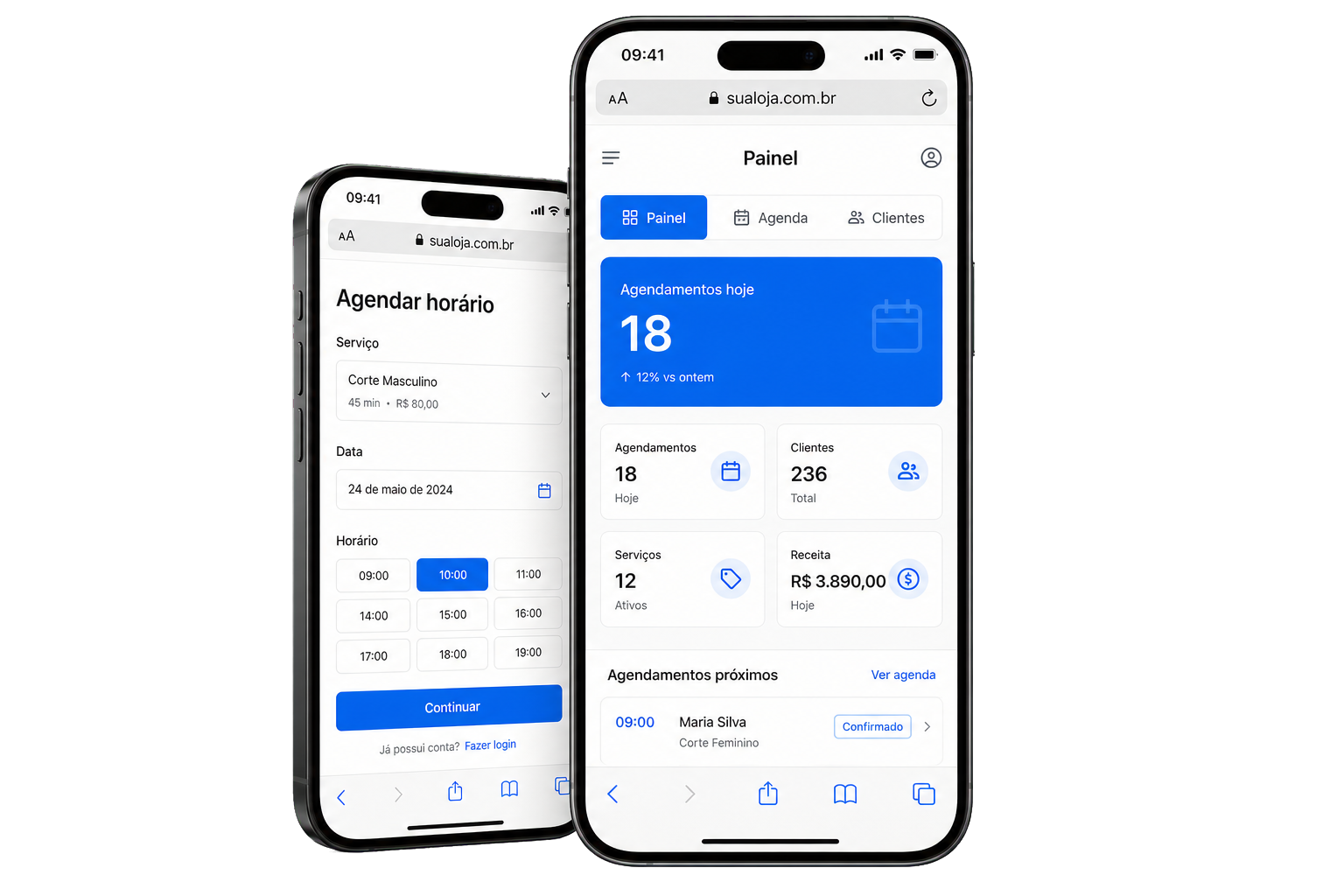 Dois smartphones em 3D mostrando no Safari um site de agendamento e um painel administrativo web